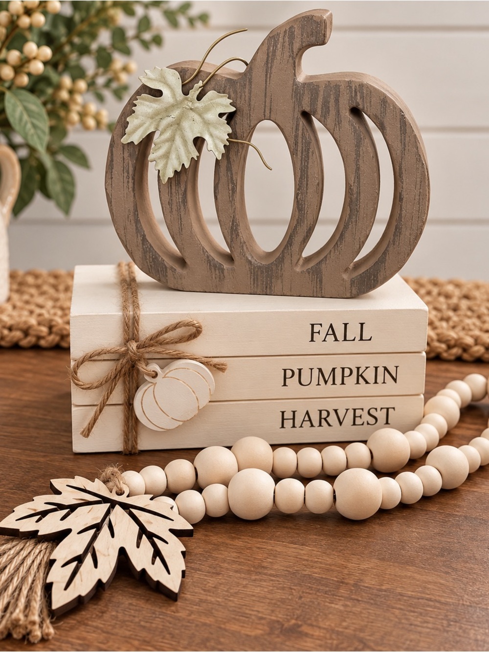 Fall Farmhouse Decor Bundle Wood Pumpkin Bead Garland Harvest Books (3 pc. set)